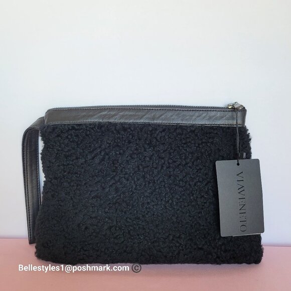 VIAVENETO Delilah Curly Lambskin Shearling Large Pouch/Wristlet- Black color - Picture 1 of 16